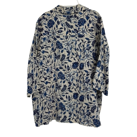 Rachel Zoe Size 1X Women’s 100% Linen Cream Blue Floral Popover Tunic Blouse - Picture 2 of 9